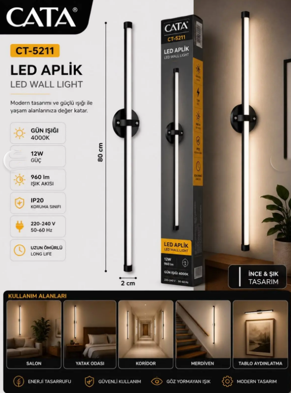 Cata Çubuk Led Aplik 12w Siyah Kasa Günışığı CT-5211