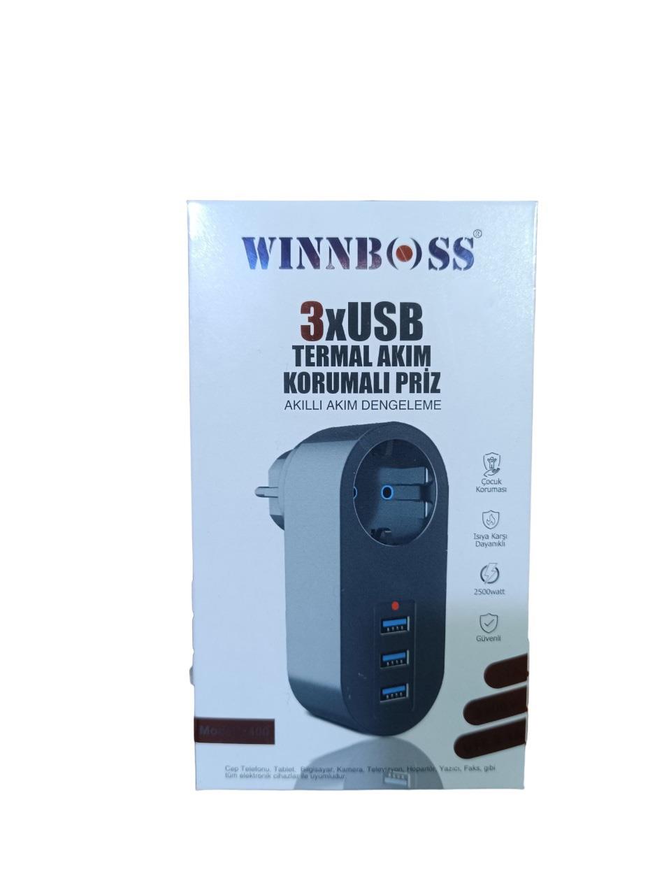 WINNBOSS 3400 Tekli Termal Akım Korumalı Priz 3x Usb Girişli