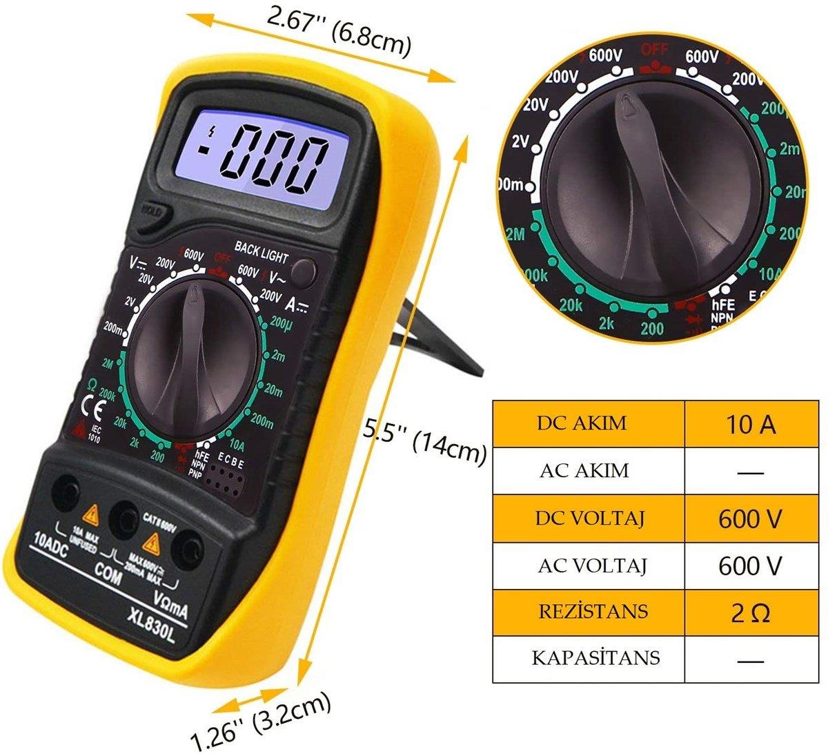 Dijital Multimetre Led Ekran Avometre Mini Ölçü Aleti 9V Pil Hediye XL830L