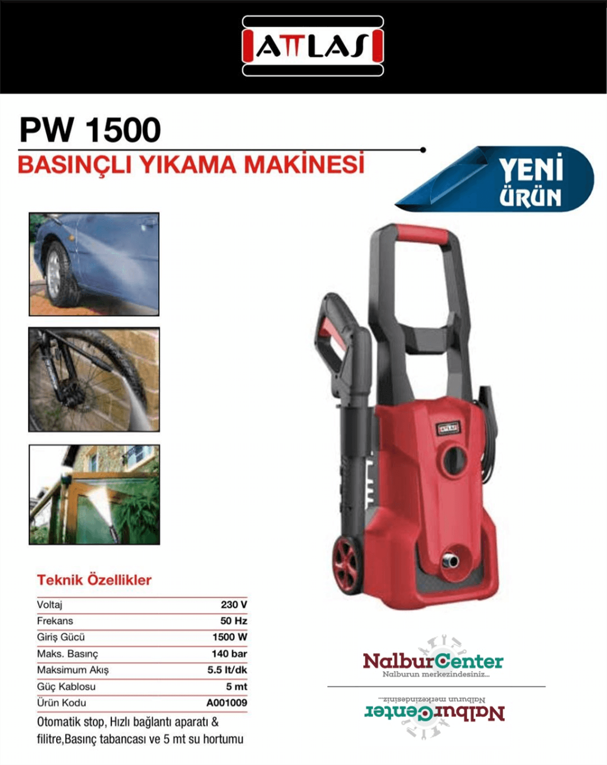 Attlas PW1500 Basınçlı Yıkama Makinası 1500W - 140 Bar