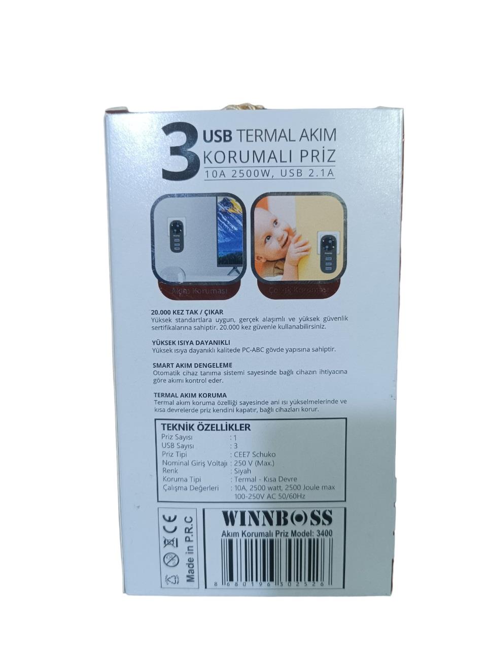 WINNBOSS 3400 Tekli Termal Akım Korumalı Priz 3x Usb Girişli