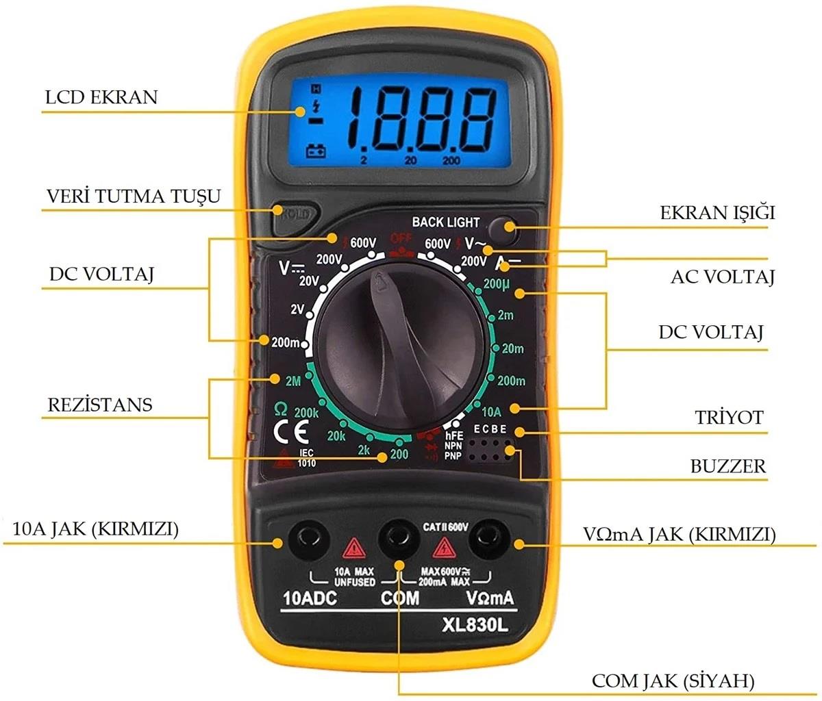 Dijital Multimetre Led Ekran Avometre Mini Ölçü Aleti 9V Pil Hediye XL830L