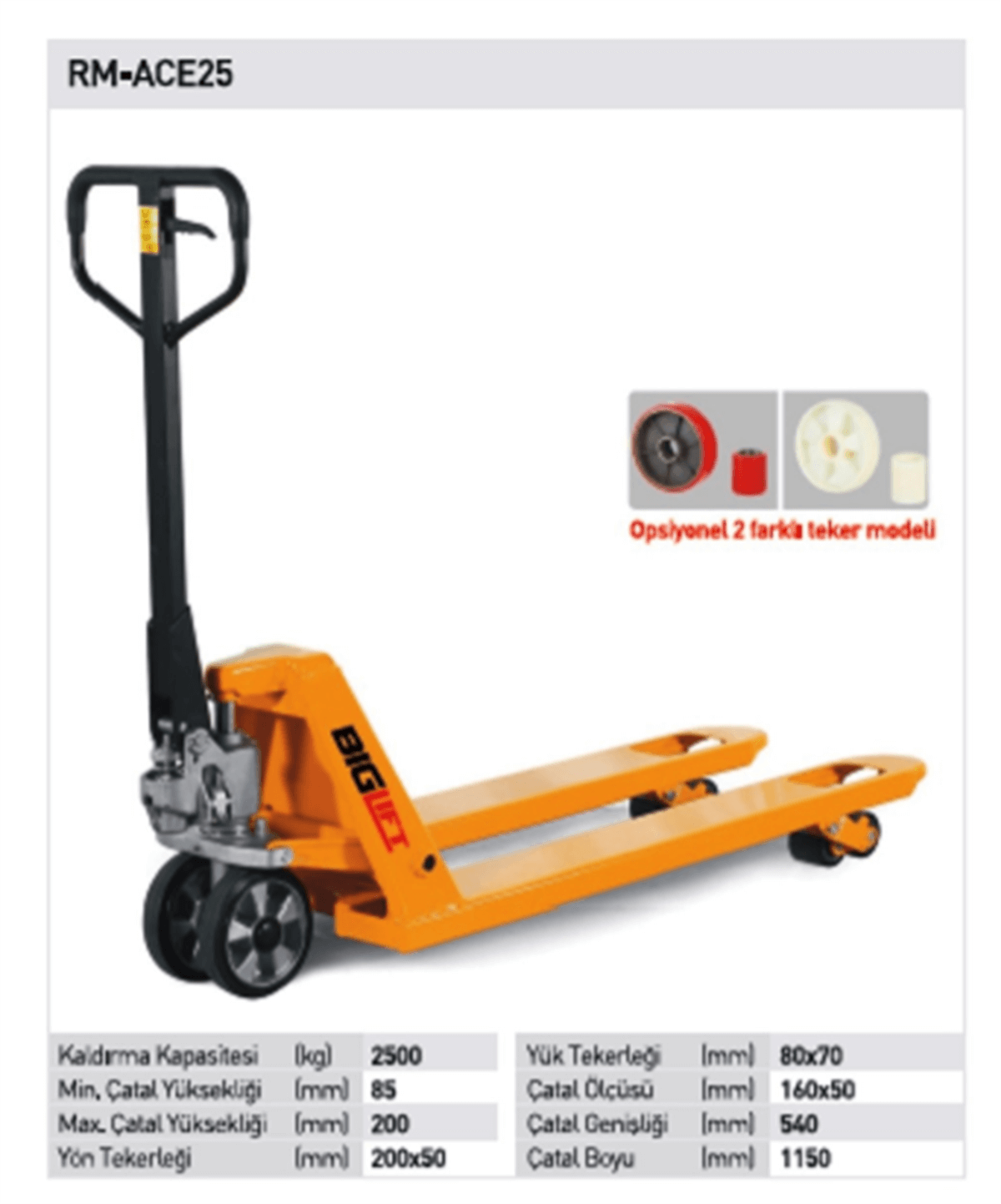 Biglift ACE-25 2,5 Ton Transpalet Döküm Kafalı Kırmızı Teker