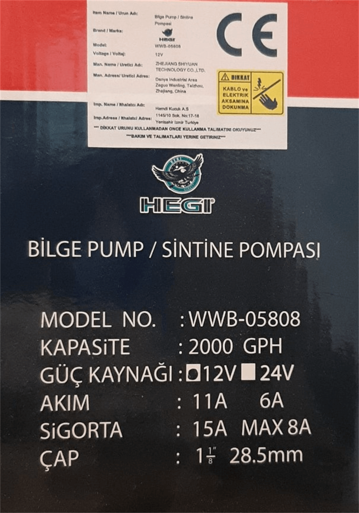 Bilge Pump Sintine Pompası 2000 12 V Hegi WWB-05808