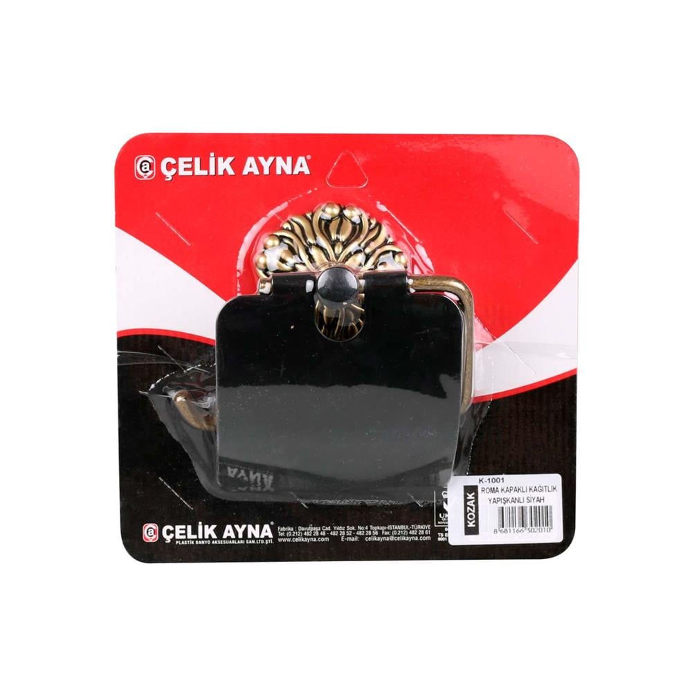 Çelik Ayna Roma Kapaklı Kağıtlık Yapışkanlı Siyah K-1001Tuvalet Kağıtlığı