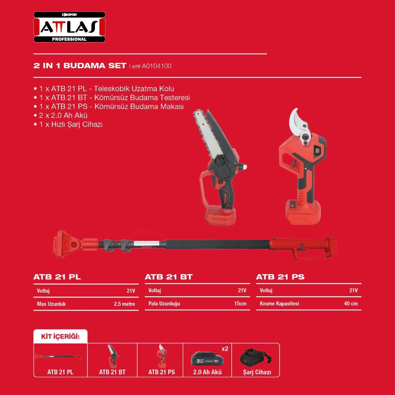 Attlas ATB 21 3lü Bahçe Seti (Teleskobik Sap + Budama Testeresi + Budama Makası) A0104100