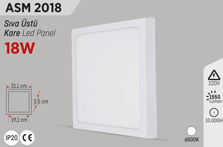 YCL Beyaz 18W Sıva Üstü Kare Led Panel ASM-2018Led Panel Armatürler