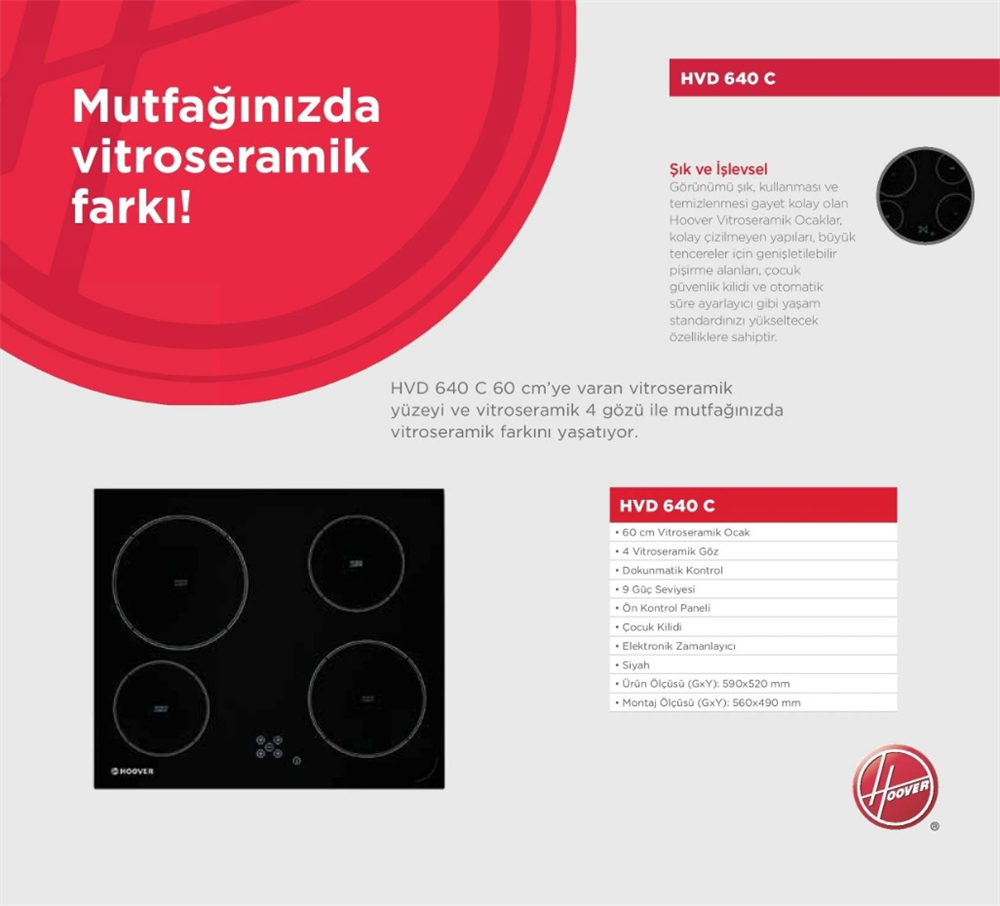 Hoover HVD 640 C 4 Gözlü Vitroseramik Siyah Cam Ankastre Ocak ( TEŞHİR ÜRÜNÜ!)