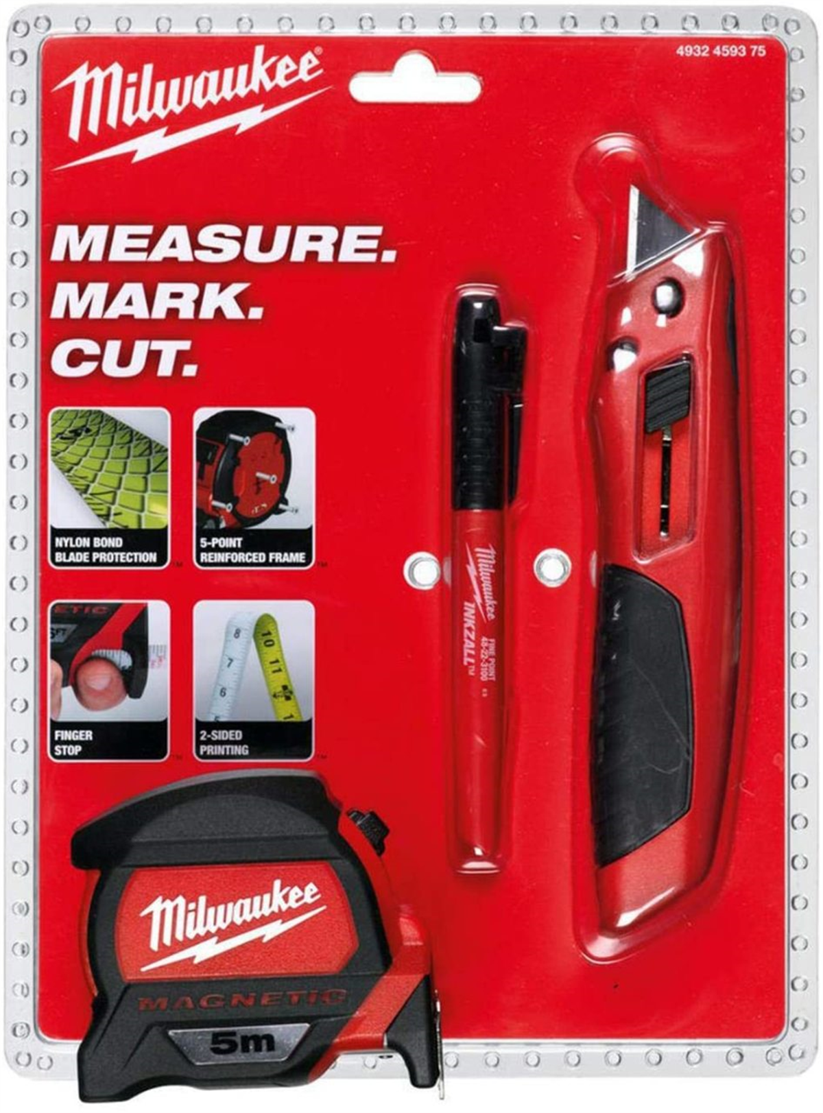 Milwaukee T4932459375 Ağır Hizmet Tipi 3lü Set Maket Bıçağı Metre Ve İşaretleme Kalemi