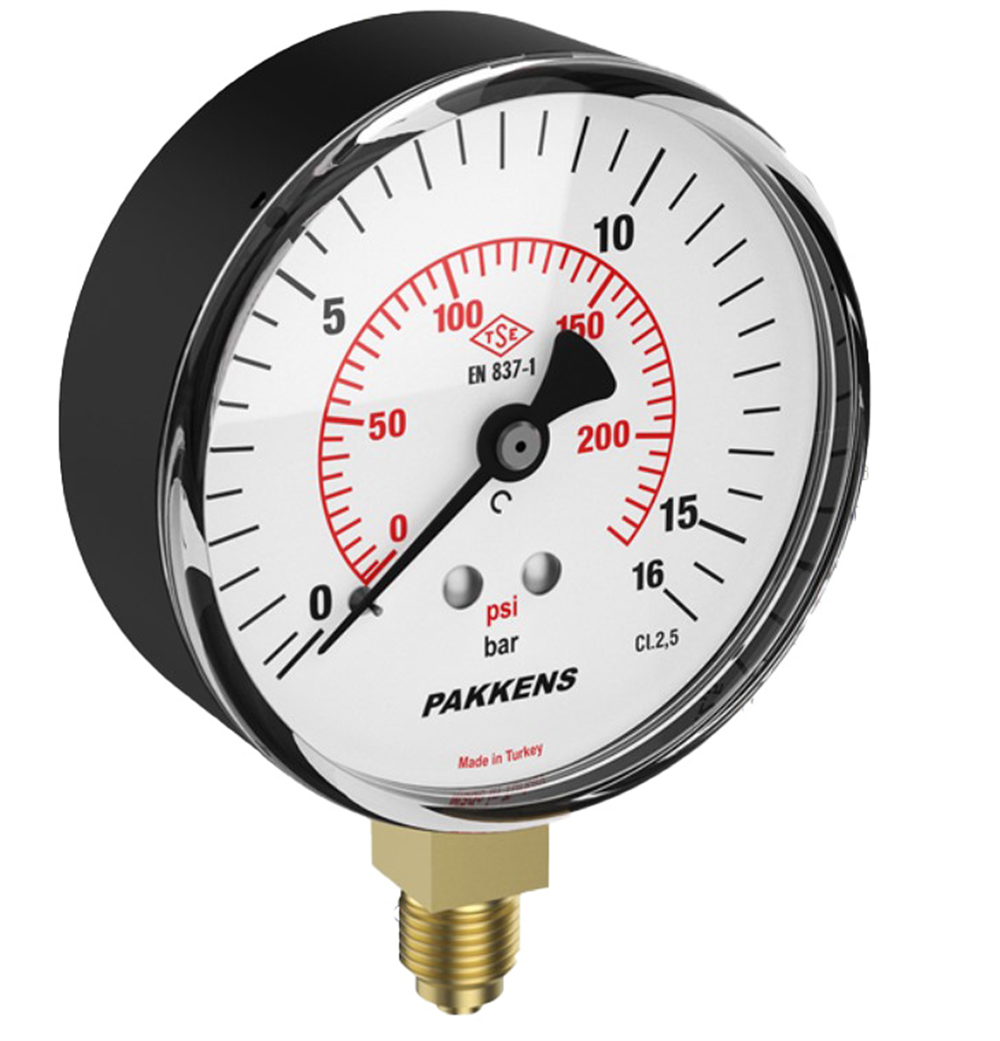 Pakkens 100 Mm 0/16 Bar Alttan Bağlantılı ManometreManometreler