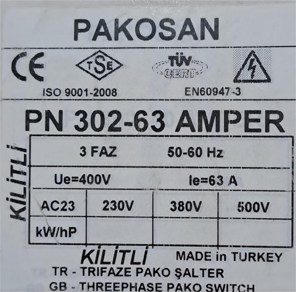 Pakosan 3 Fazlı Aç-Kapa Şalter 63 Amper 0-1