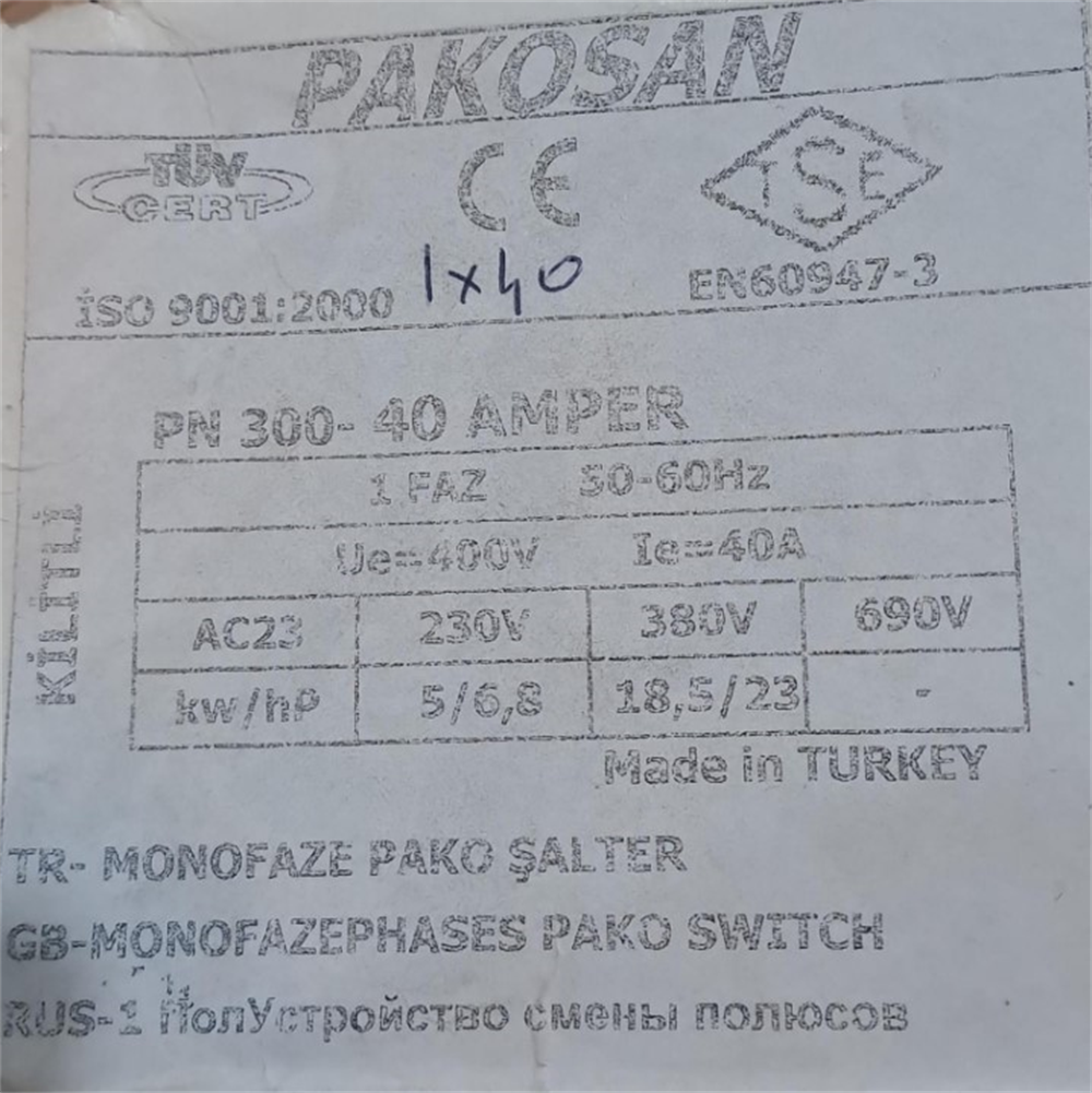 Pakosan Monofaze 1 X 40A Pako Şalter (0-1)