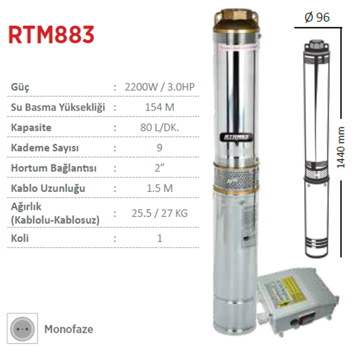 Rtrmax Rtm883 Derin Kuyu Dalgıç Pompa Monofaze 3.0Hp - 2200W