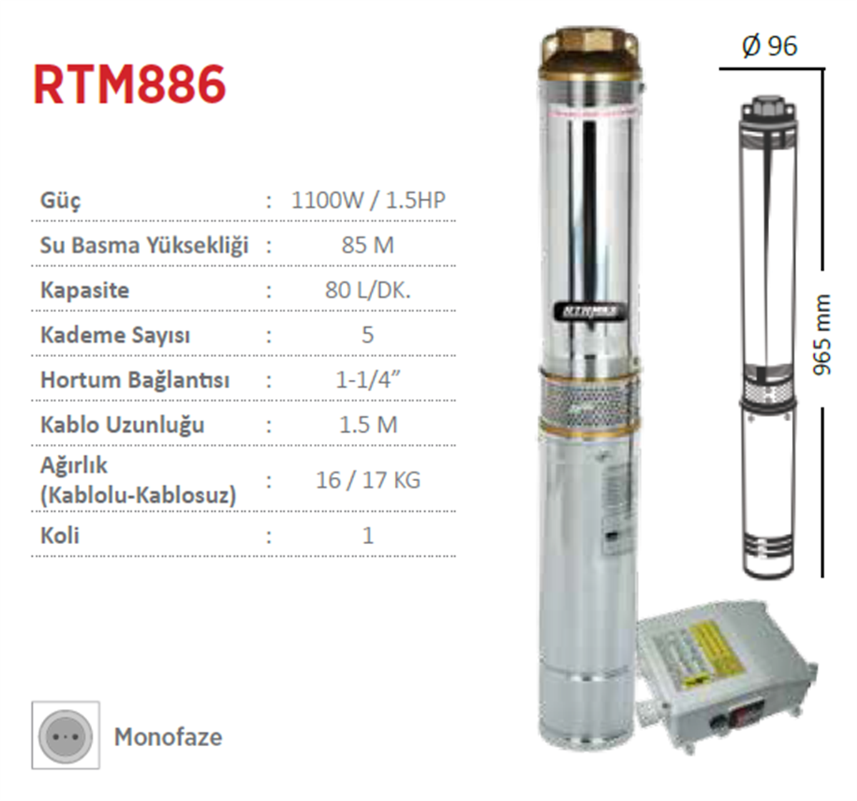 Rtrmax Rtm886 Derin Kuyu Dalgıç Pompa Monofaze 1.5Hp - 1100W
