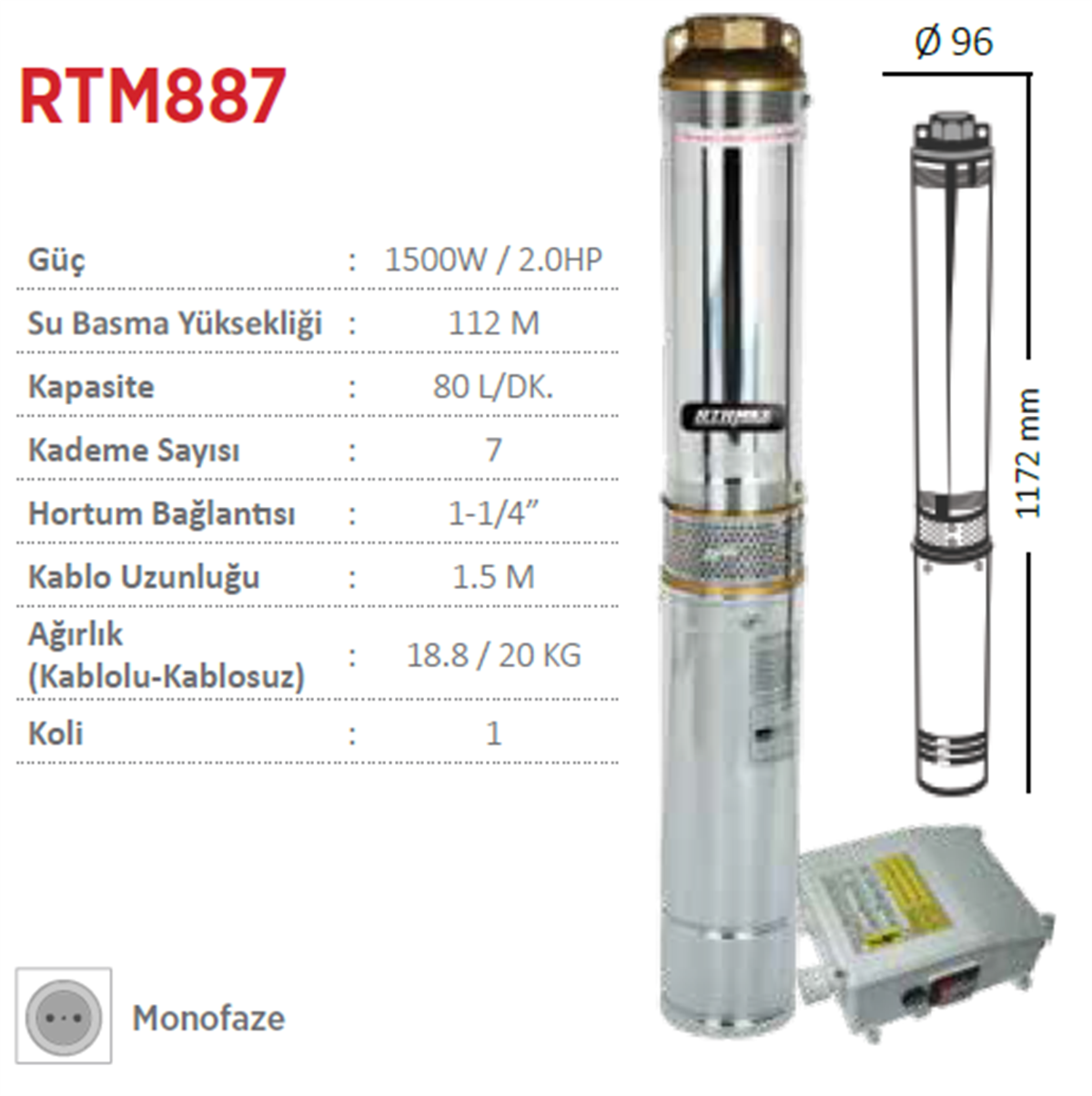 Rtrmax Rtm887 Derin Kuyu Dalgıç Pompa Monofaze 2.0Hp - 1500W