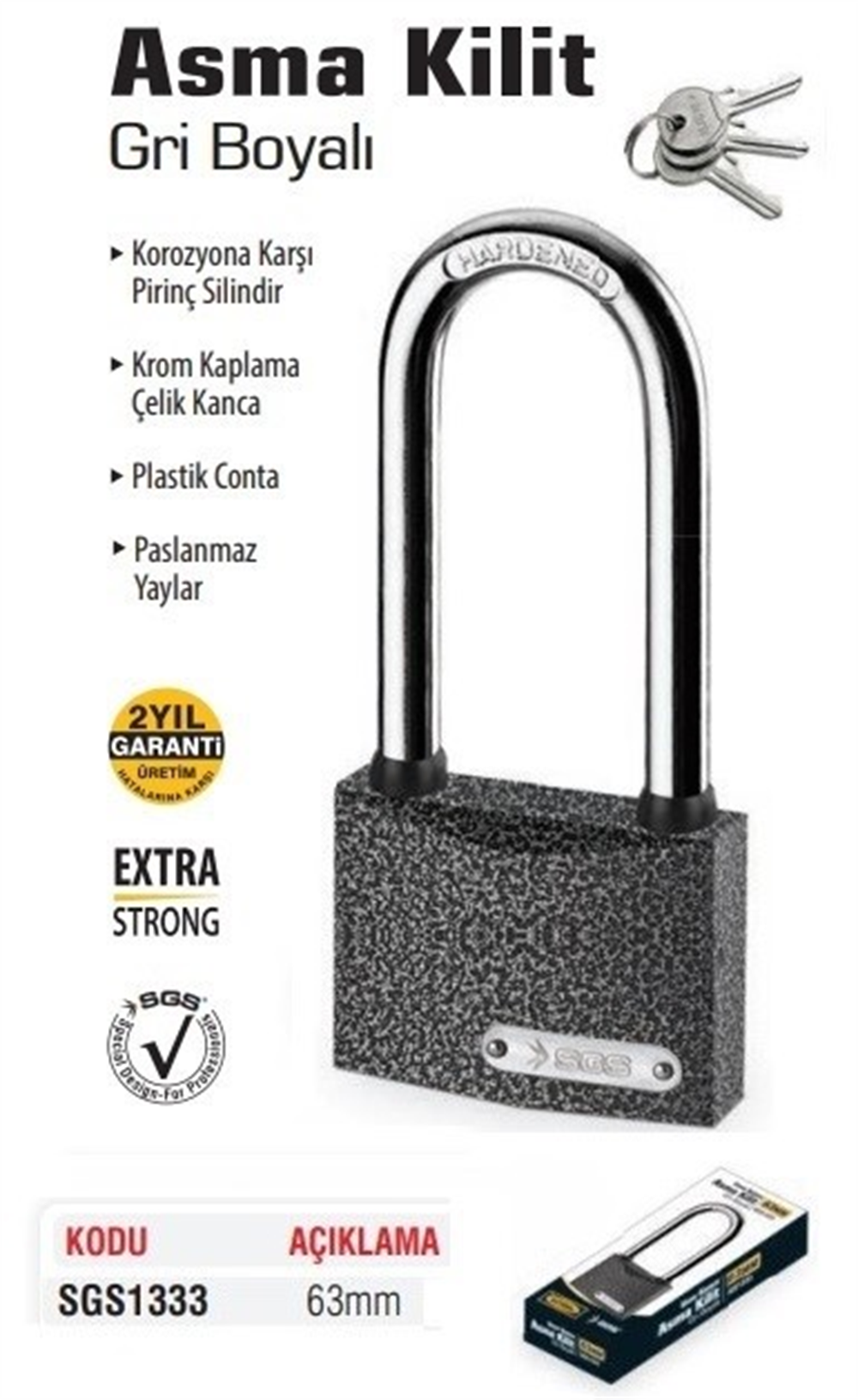 SGS Asma Kilit Uzun Gri 63 Mm SGS1333