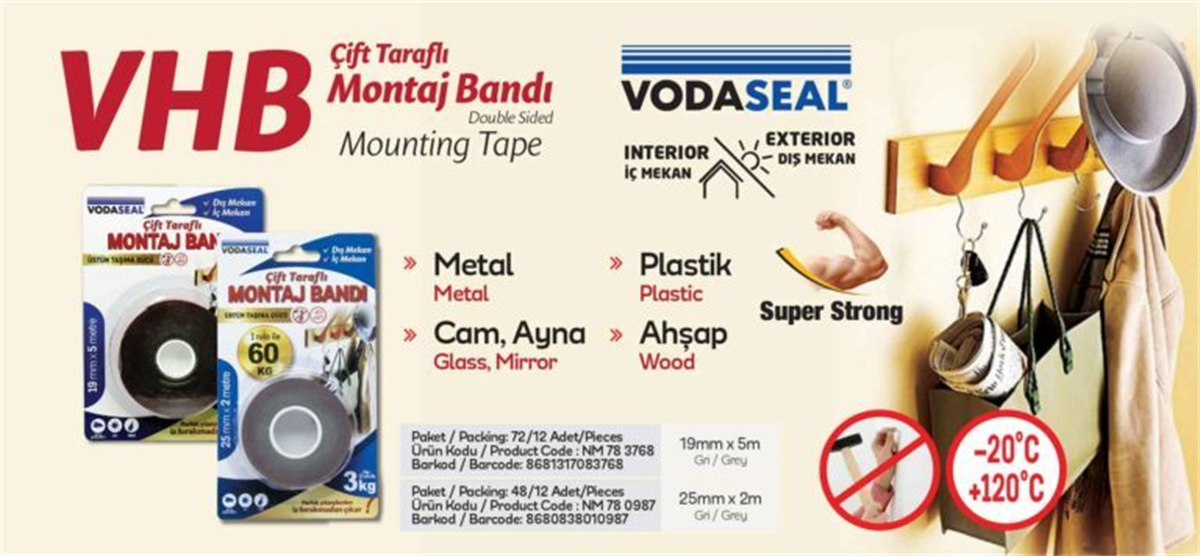 Vodaseal Çift Taraflı Montaj Bandı 19mm*5 Mt Gri