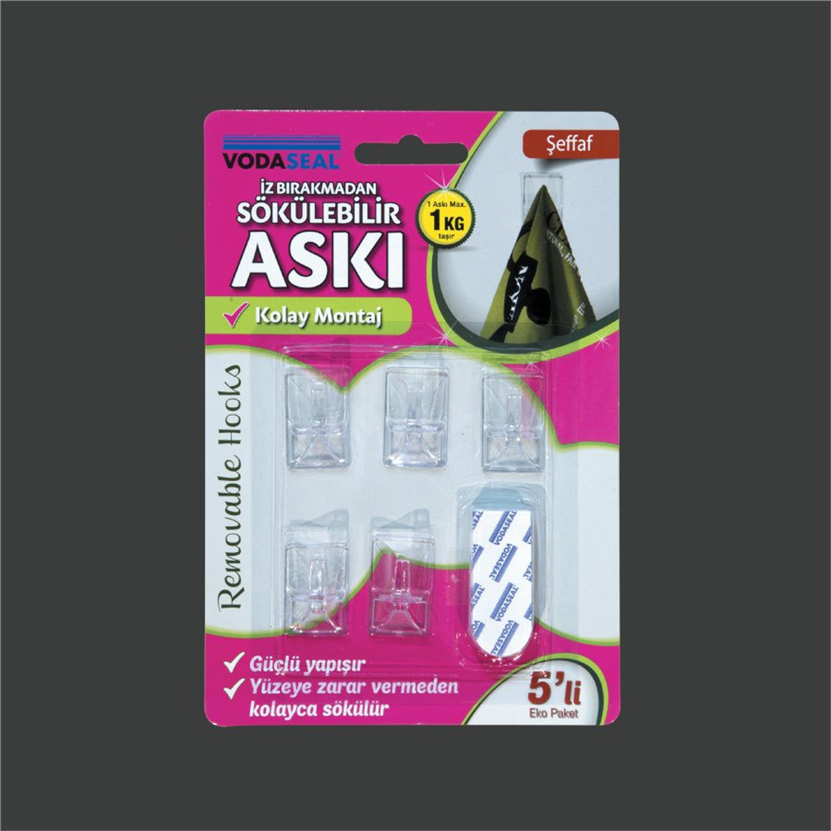 VODASEAL İz Bırakmadan Sökülebilir Askı Şeffaf 5li Max 1kg