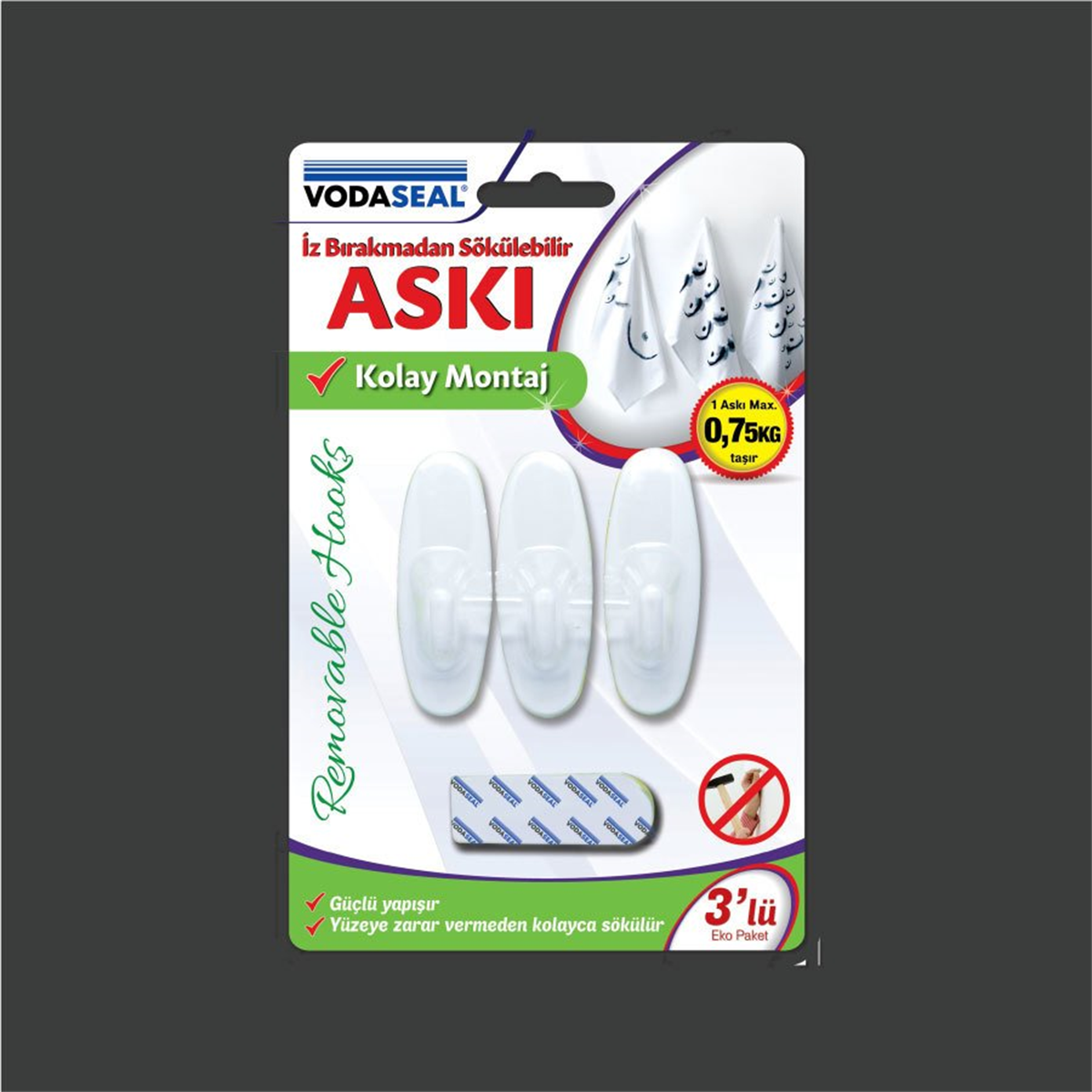 VODASEAL İz Bırakmadan Sökülebilir Askı Beyaz 3lü Max 0.75kg