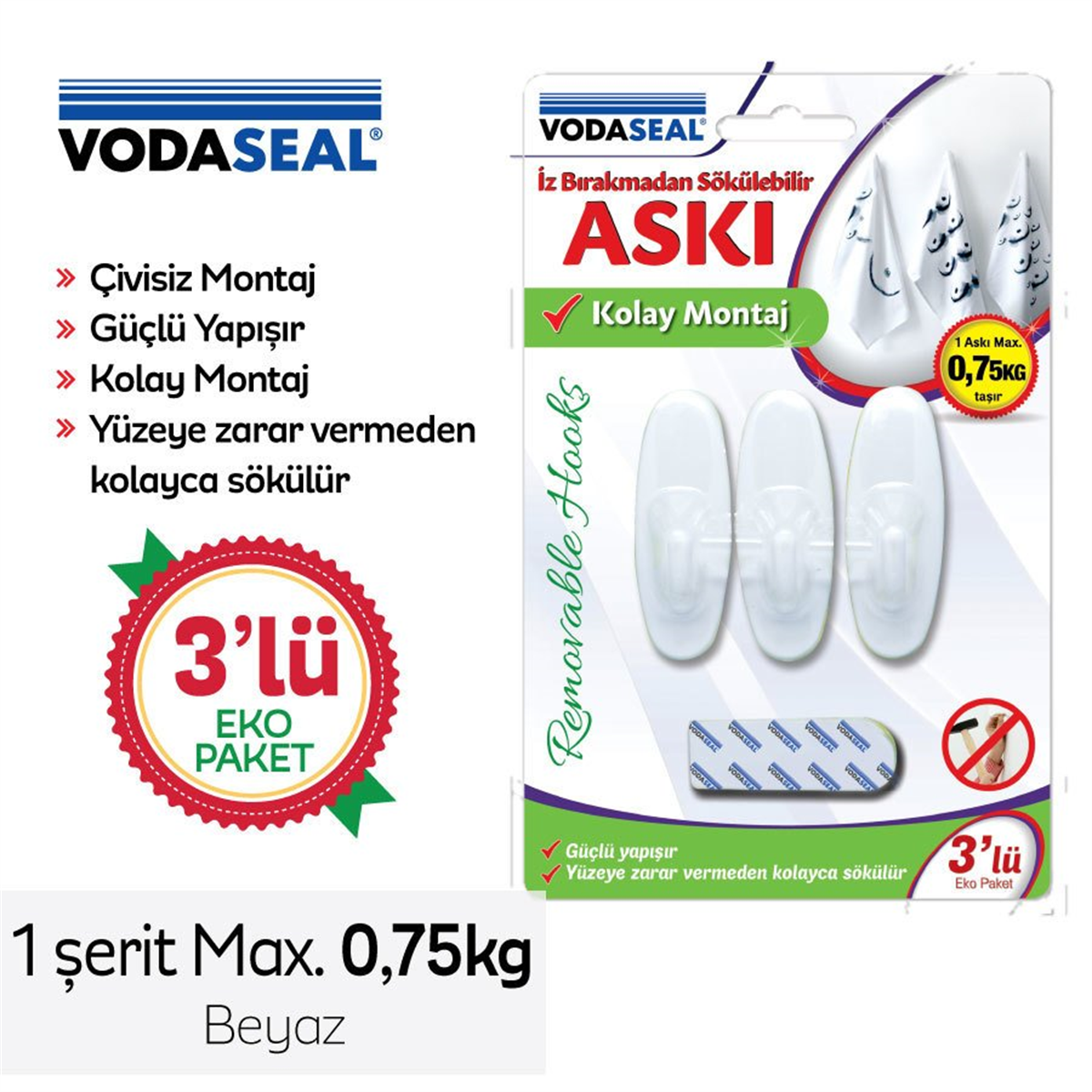 VODASEAL İz Bırakmadan Sökülebilir Askı Beyaz 3lü Max 0.75kg