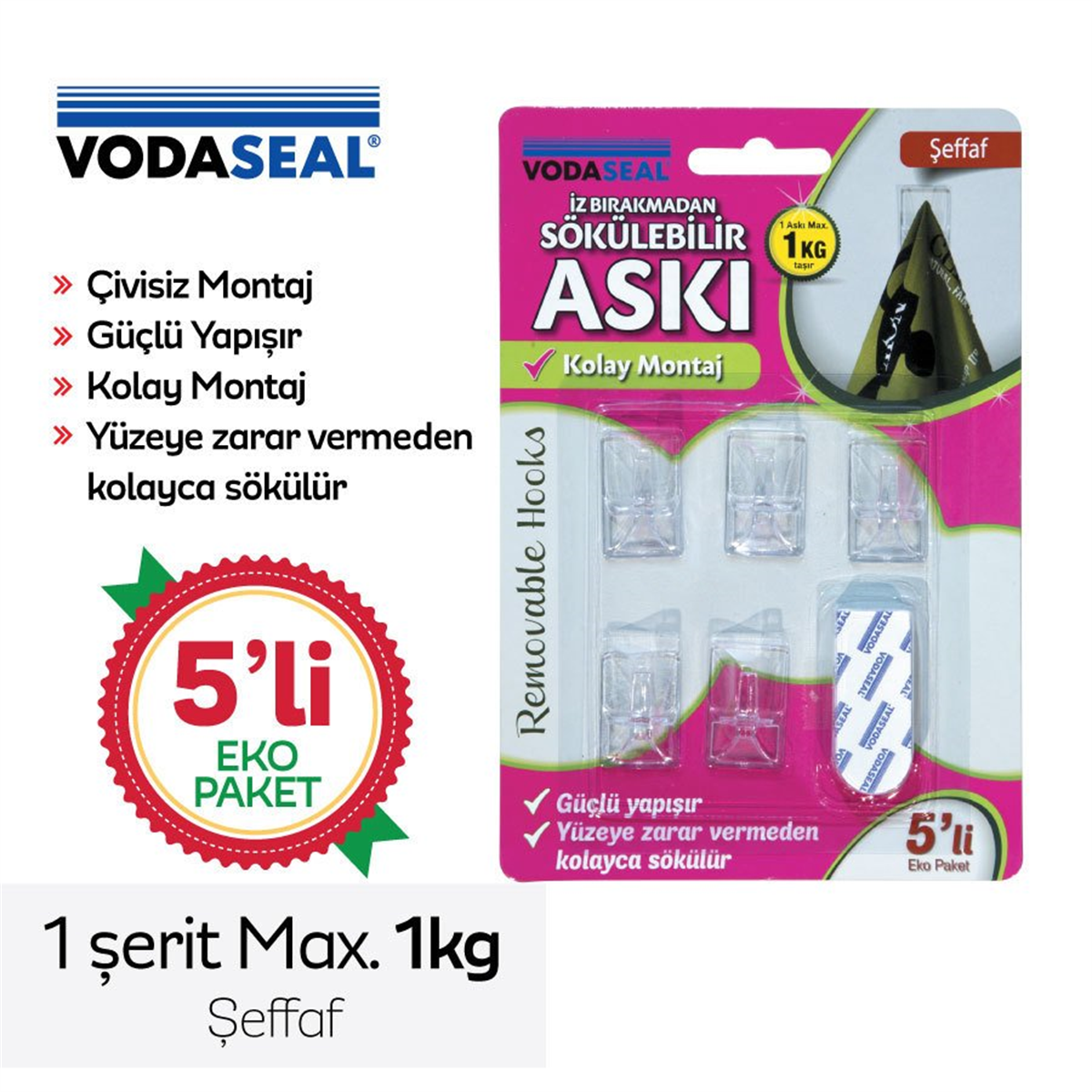 VODASEAL İz Bırakmadan Sökülebilir Askı Şeffaf 5li Max 1kg