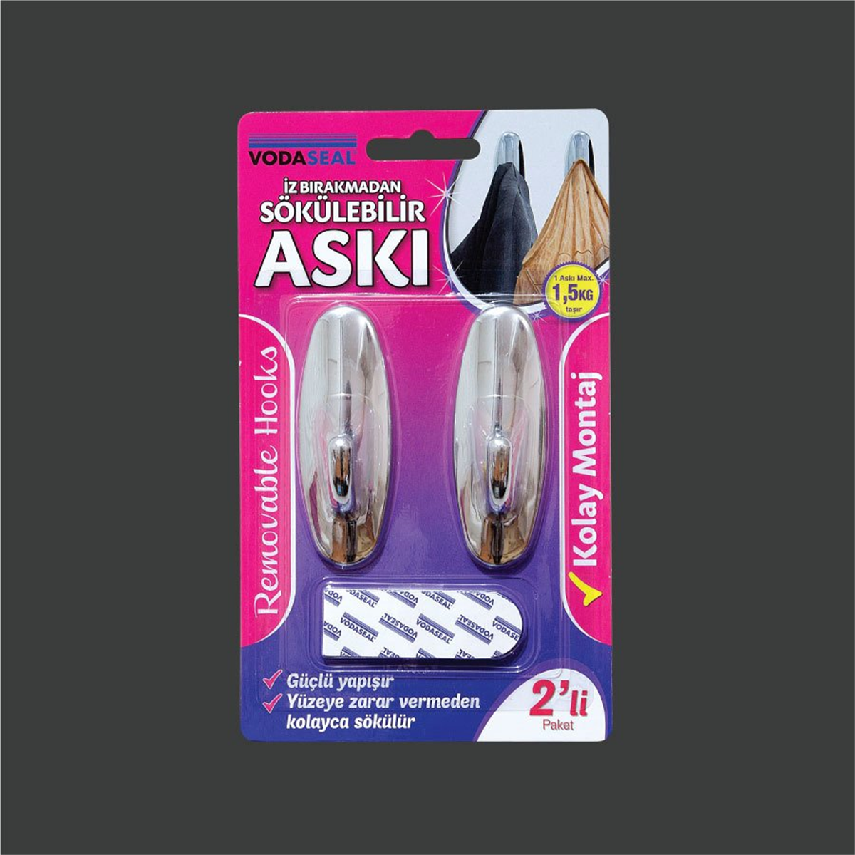VODASEAL İz Bırakmadan Sökülebilir Askı Krom 2li Max 1.5kg