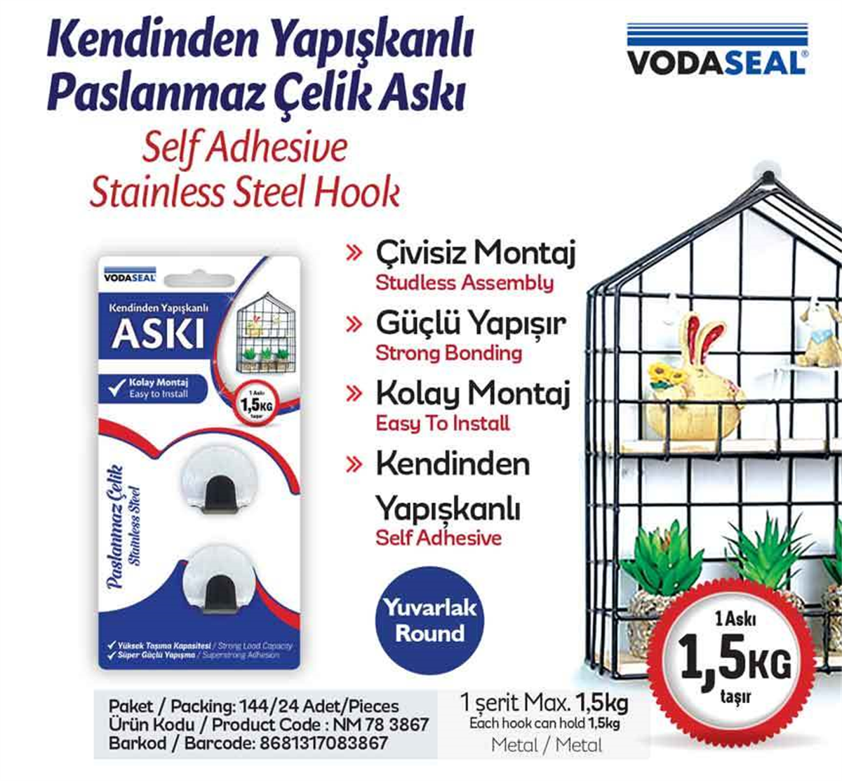 Vodaseal Kendinden Yapışkanlı 2li Yuvarlak Metal Askı