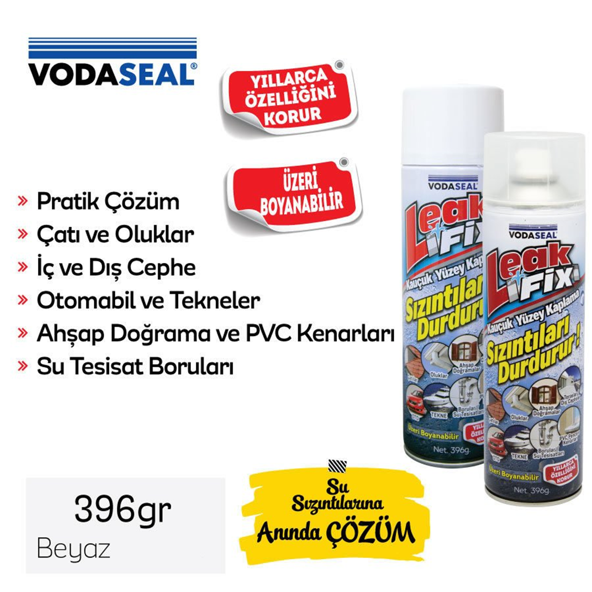 VODASEAL Leak Fix Kauçuk İzolasyon Spreyi Beyaz 396gr