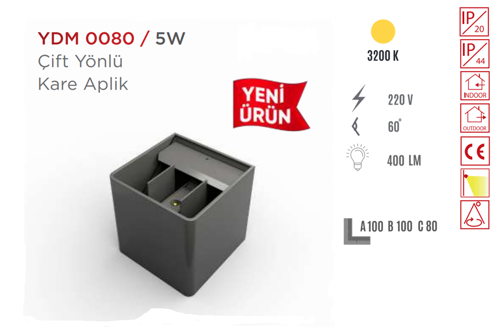 Ycl Çift Yönlü Dış Duvar Kare Aplik Ydm-0080