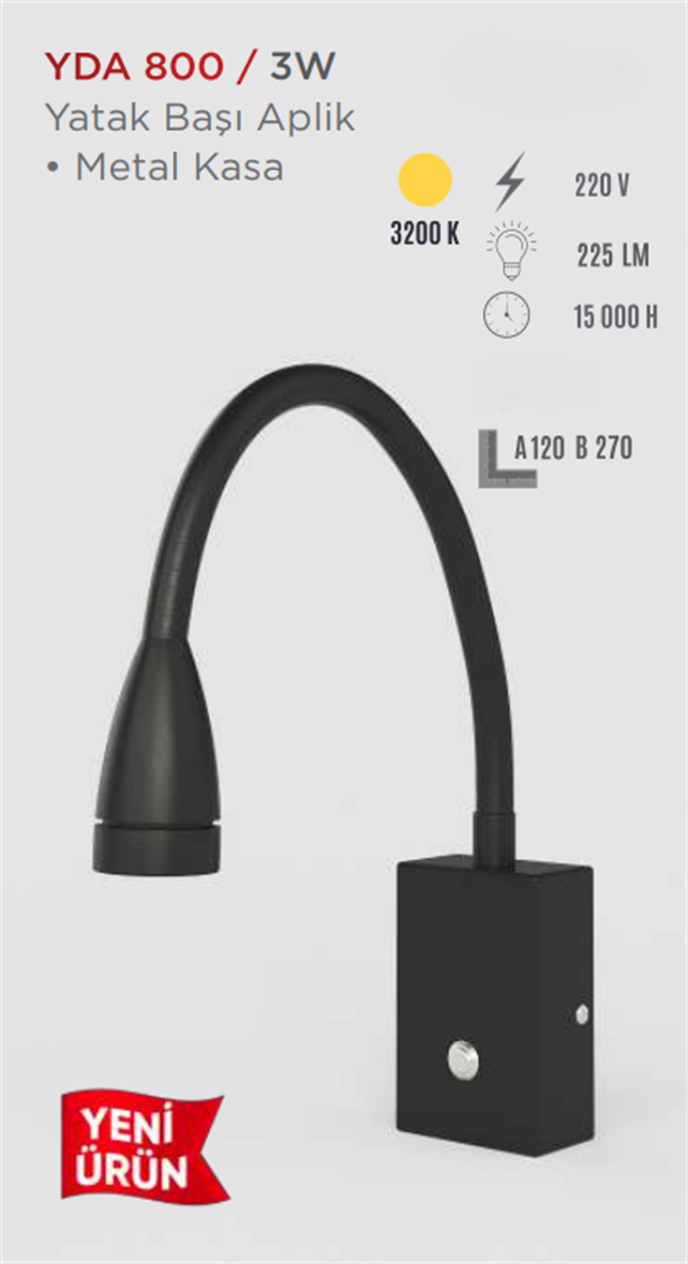 Ycl Yatak Başı Aplik Metal Kasa Günışığı Yda-800