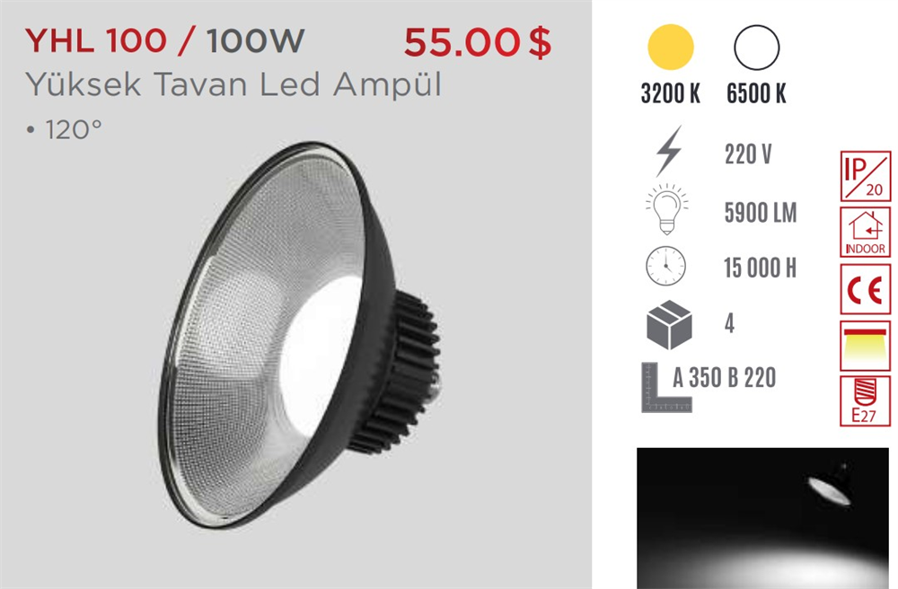 Ycl Yüksek Tavan Led Ampul Beyaz 100W E27 YHL-100