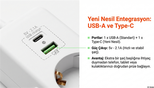 Mutlusan Ri-Tech Altılı Usb+Type-C Grup Priz Ç.K 2 MT 0011756501020200