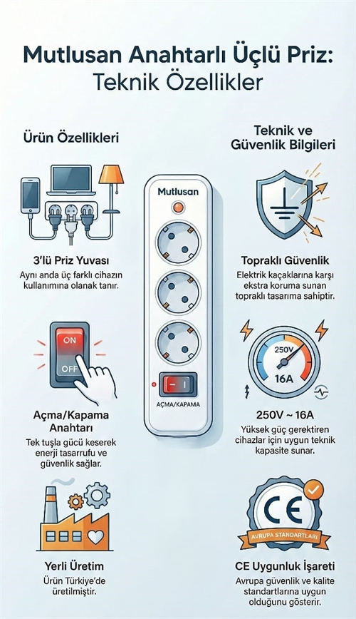 Mutlusan Anahtarlı Üçlü Fiş-Priz Düz Tip 001170033004
