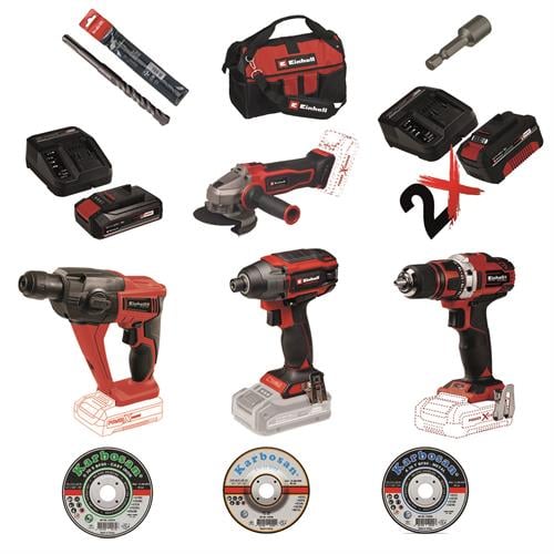 Einhell 18V Professional Set – Darbeli Vidalama, Pnömatik Matkap, Vidalama, Taşlama + Çanta, Tam Aksesuar + 2x4.0Ah + 1x2.5Ah ve Şarj Aleti
