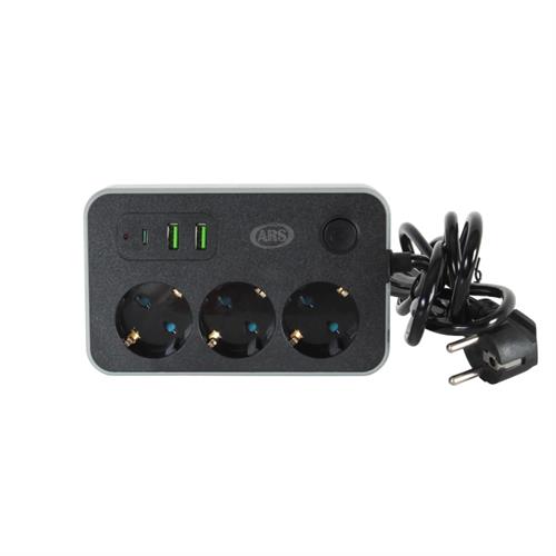 Ars 348763 Termal 3Lü Akım Korumalı Priz 2 Metre Kablo 2x Usb 1x Type-C