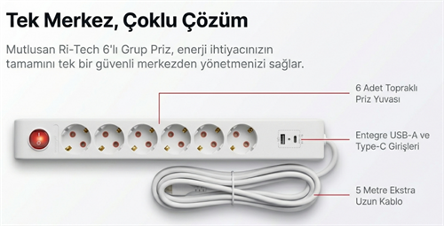 Mutlusan Ri-Tech Altılı Usb+Type-C Grup Priz Ç.K 5 MT 0011756501020500