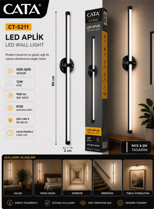 Cata Çubuk Led Aplik 12w Siyah Kasa Günışığı CT-5211