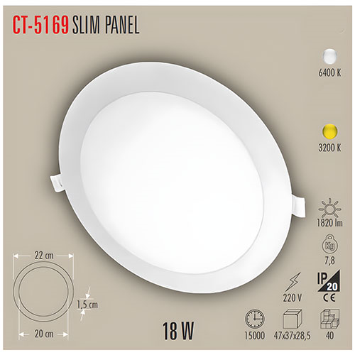 Cata Slim Led Panel S/A Yuvarlak 18W Günışığı CT-5169G