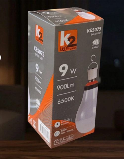 K2 Led Şarjlı Ampul E27 9W Beyaz  Kes075