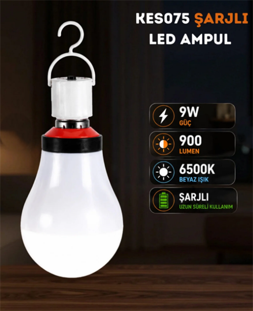 K2 Led Şarjlı Ampul E27 9W Beyaz  Kes075