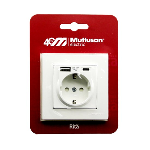 Mutlusan Rita Topraklı Priz Usb+Type-c Beyaz 22206290201