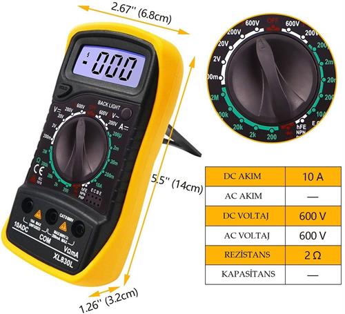 Dijital Multimetre Led Ekran Avometre Mini Ölçü Aleti 9V Pil Hediye XL830L