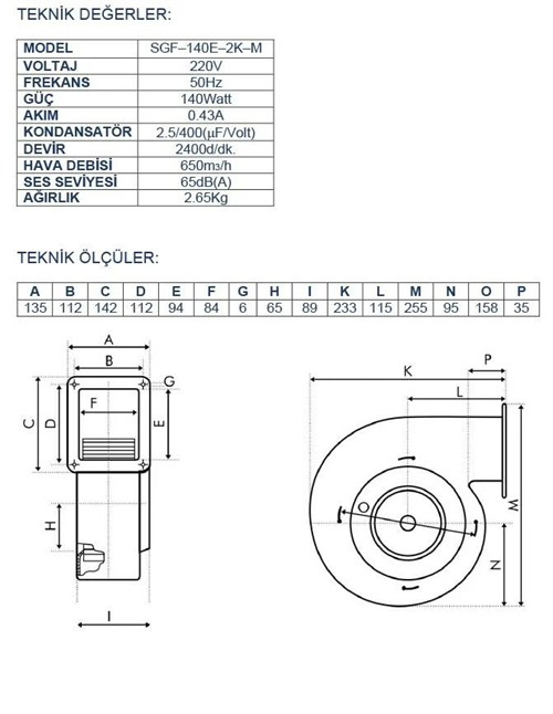 Ayas Sgf-140e-2k-M Sac Gövdeli Radyal Salyangoz Fan