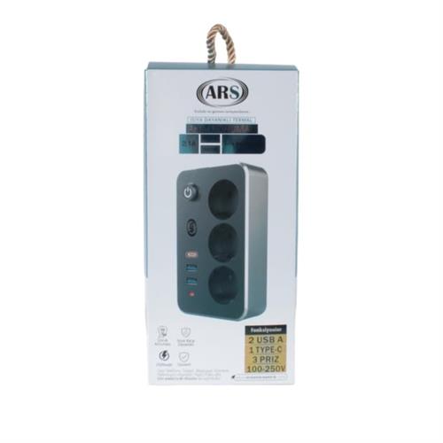 Ars 348763 Termal 3Lü Akım Korumalı Priz 2 Metre Kablo 2x Usb 1x Type-C