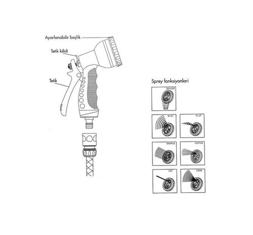 Daye Metal Gövdeli 7 Fonksiyonlu Sprey Sulama Tabancası -DY2078
