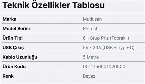Mutlusan Ri-Tech Altılı Usb+Type-C Grup Priz Ç.K 5 MT 0011756501020500