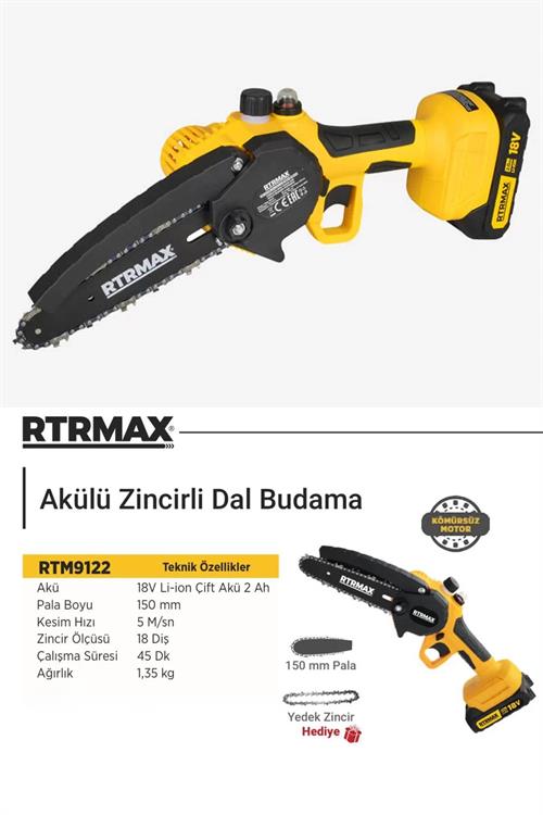 Rtrmax RTM9122 Akülü Budama Testeresi Kömürsüz Motor 150MM 2x2,0 Ah Akü