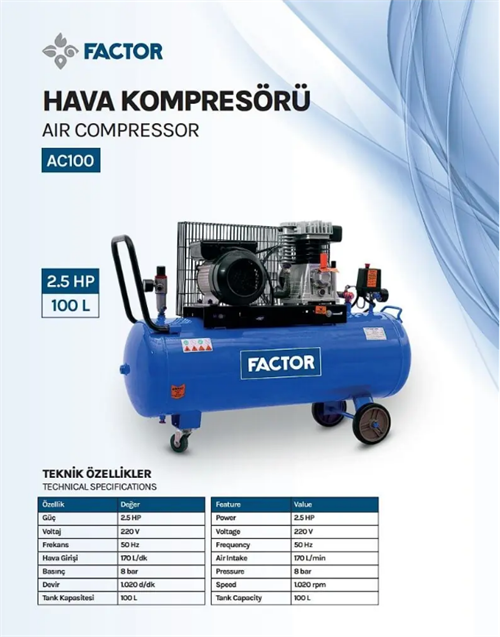 Factor Hava Komprasörü 100 Lt Z-0.17/8-100