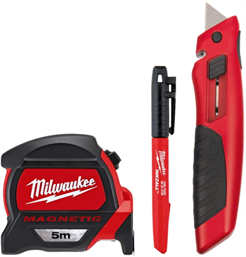 Milwaukee T4932459375 Ağır Hizmet Tipi 3lü Set Maket Bıçağı Metre Ve İşaretleme Kalemi