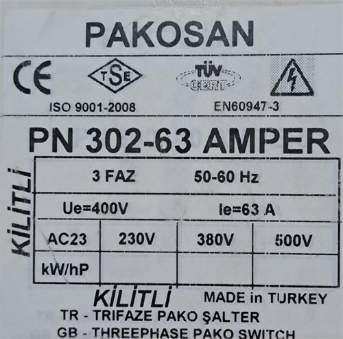 Pakosan 3 Fazlı Aç-Kapa Şalter 63 Amper 0-1